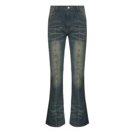 網上下單訂購鉚釘拼接低腰牛仔褲   時尚設計女裝復古千禧喇叭褲 金屬扣 低腰牛仔褲 SKJN022 網上下單訂購鉚釘拼接低腰牛仔褲   時尚設計女裝復古千禧喇叭褲 金屬扣 低腰牛仔褲 SKJN022